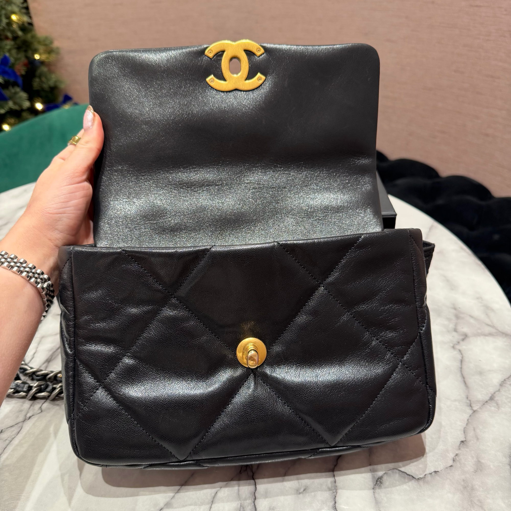 Pre-Owned Chanel 19 Small Black Goatskin Flap Bag with Gold &amp; Ruthenium Hardware
