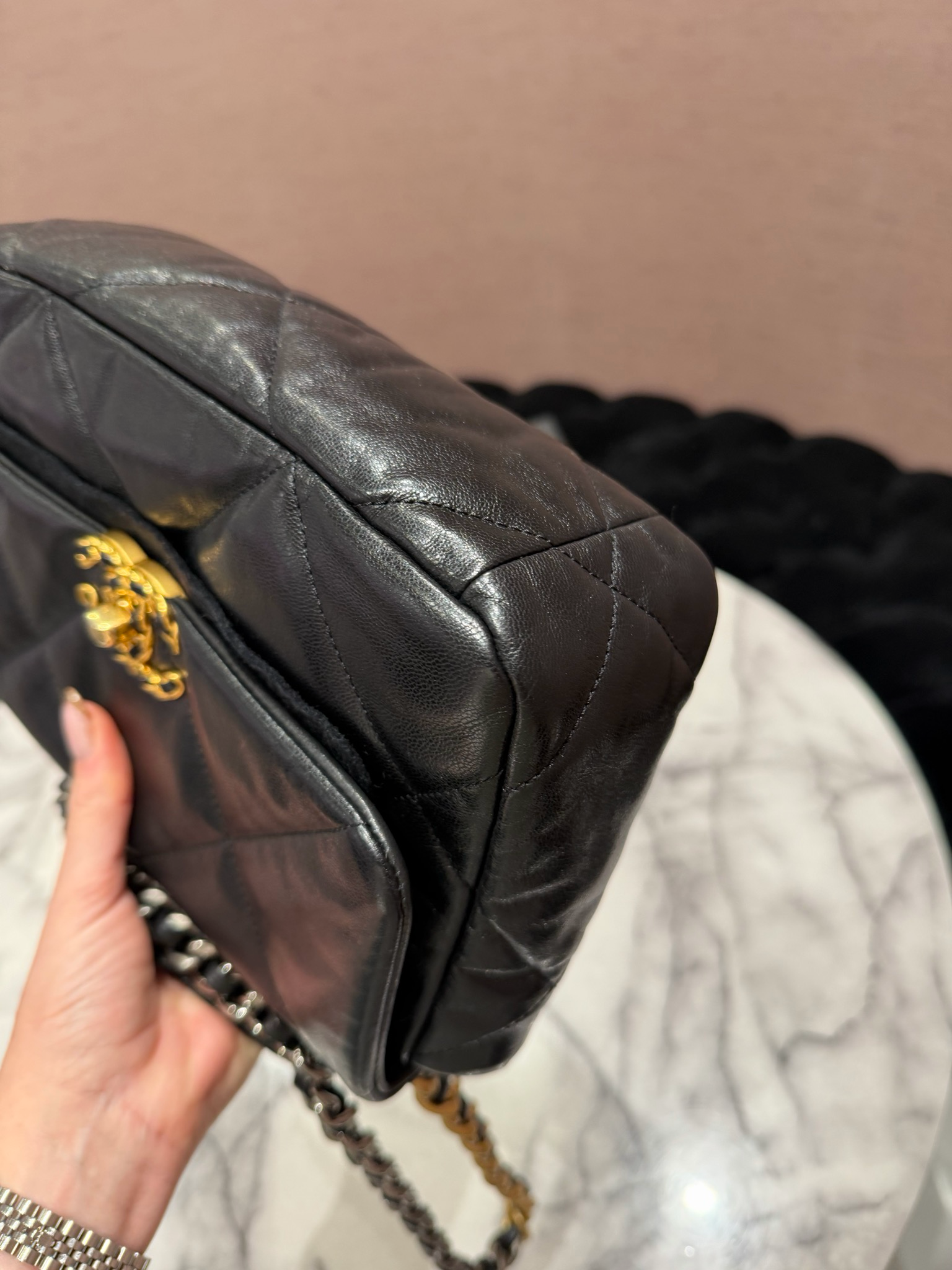 Pre-Owned Chanel 19 Small Black Goatskin Flap Bag with Gold &amp; Ruthenium Hardware
