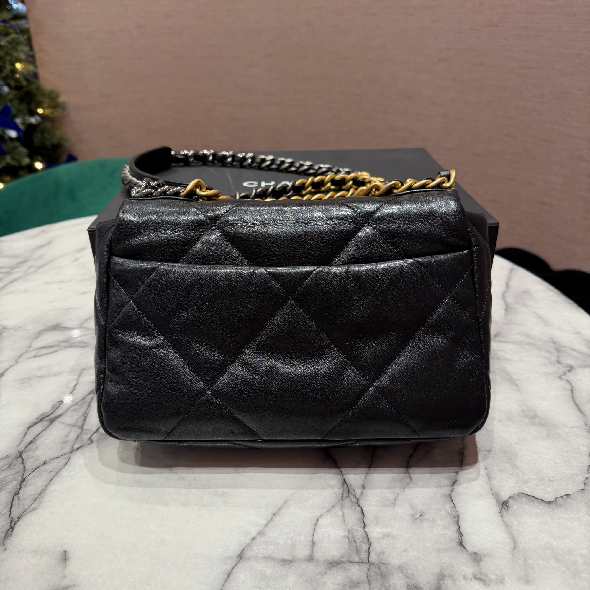 Pre-Owned Chanel 19 Small Black Goatskin Flap Bag with Gold &amp; Ruthenium Hardware