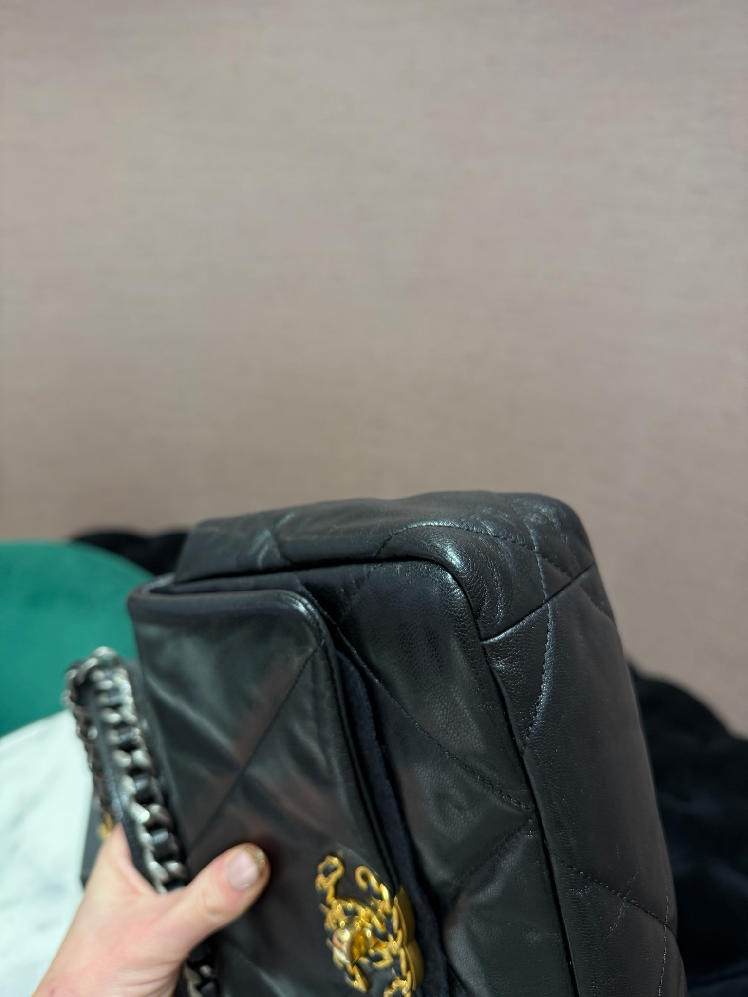 Pre-Owned Chanel 19 Small Black Goatskin Flap Bag with Gold &amp; Ruthenium Hardware