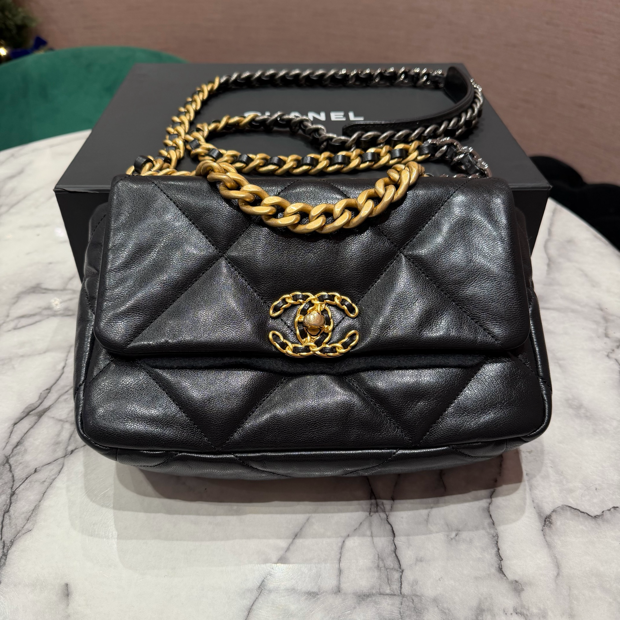 Pre-Owned Chanel 19 Small Black Goatskin Flap Bag with Gold &amp; Ruthenium Hardware