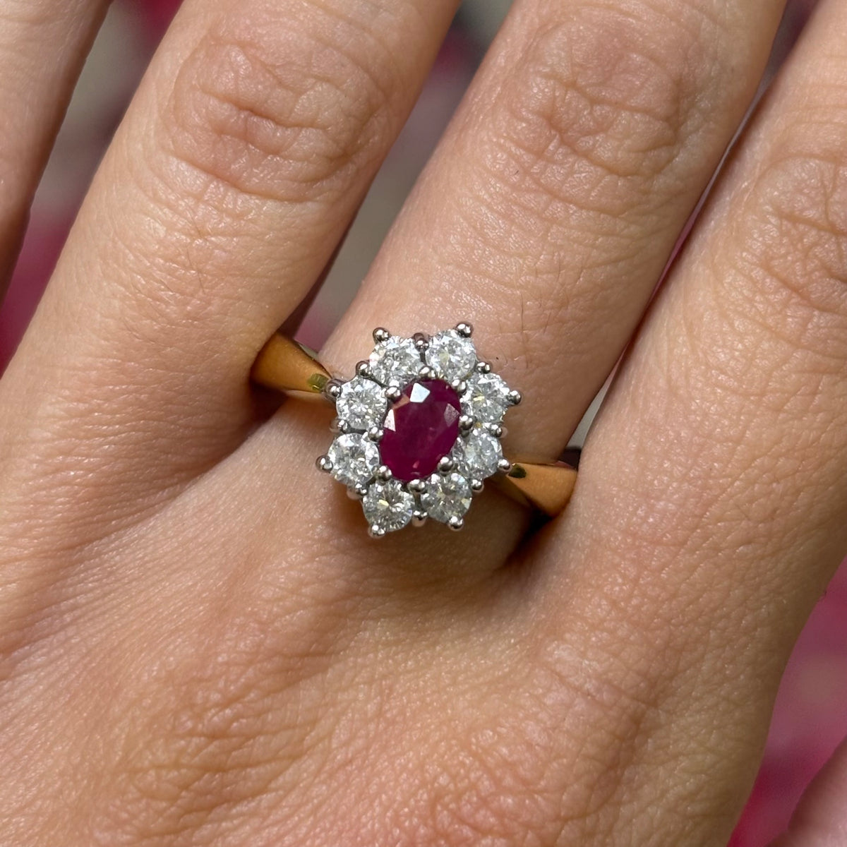 18ct Yellow Gold Ruby &amp; 0.75ct Diamond Cluster Ring
