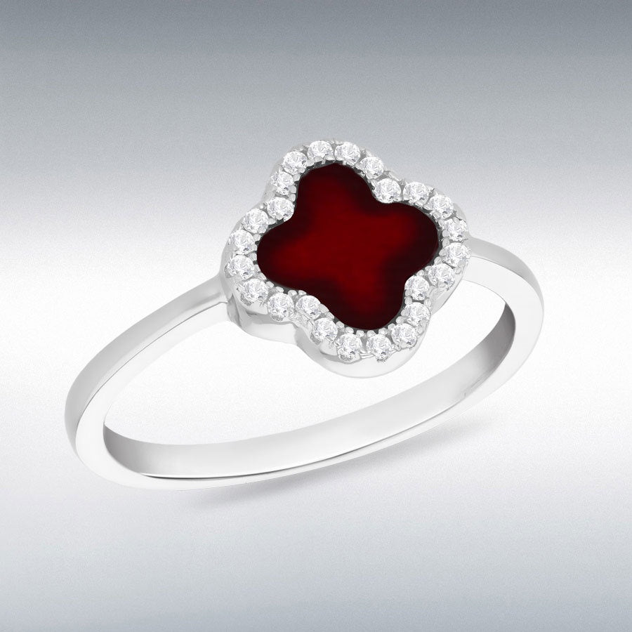 Sterling Silver Rhodium Plated Clover Red Agate CZ Ring