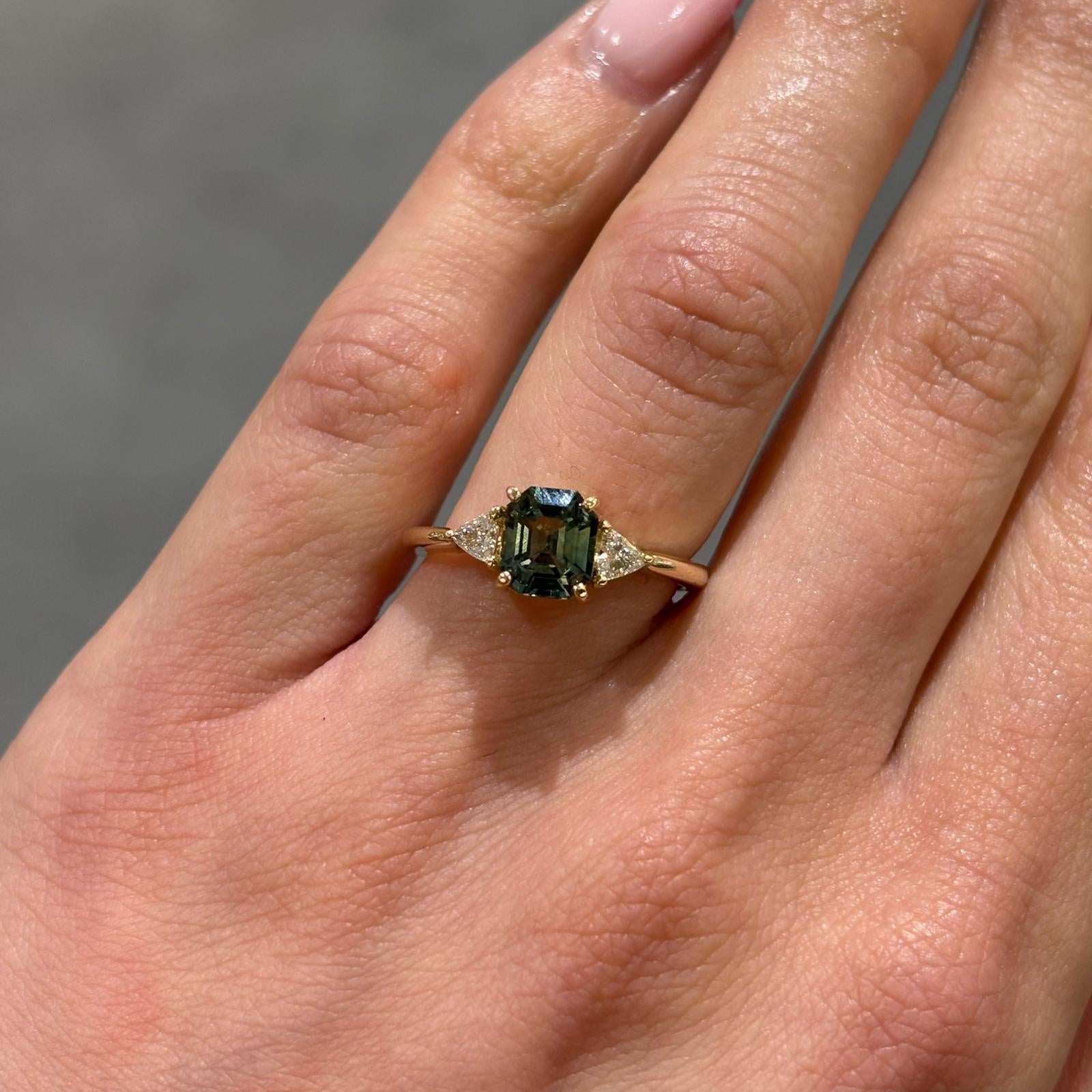 Pre-Owned 1.60ct Emerald Cushion Cut Teal Sapphire &amp; Trilliant Cut Diamond Three Stone Ring