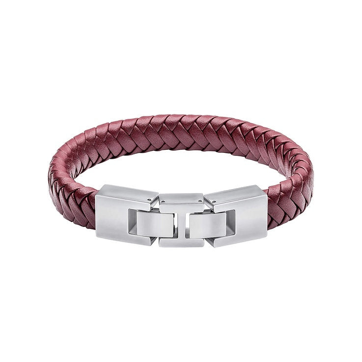 Stainless Steel &amp; Burgundy Leather Bracelet