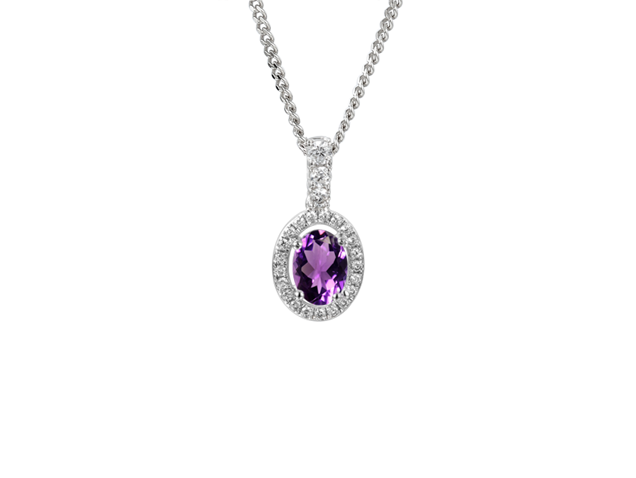 Silver Oval Amethyst &amp; CZ Pendant Necklace