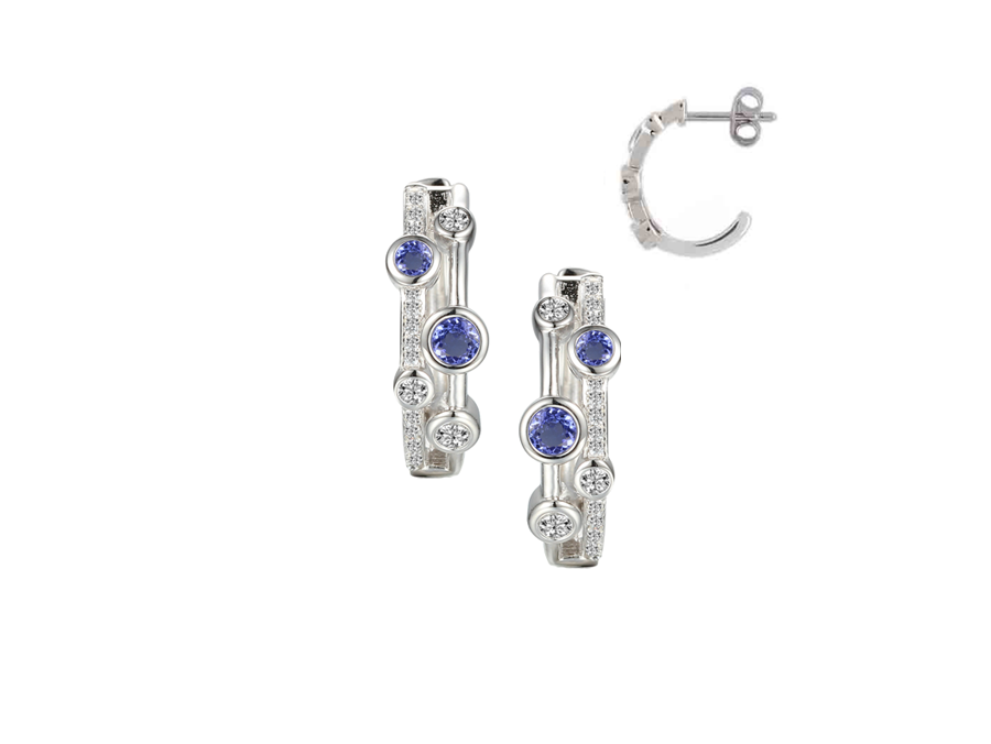 Sterling Silver 2 Row Tanzanite &amp; Cubic Zirconia Half Hoop Earrings