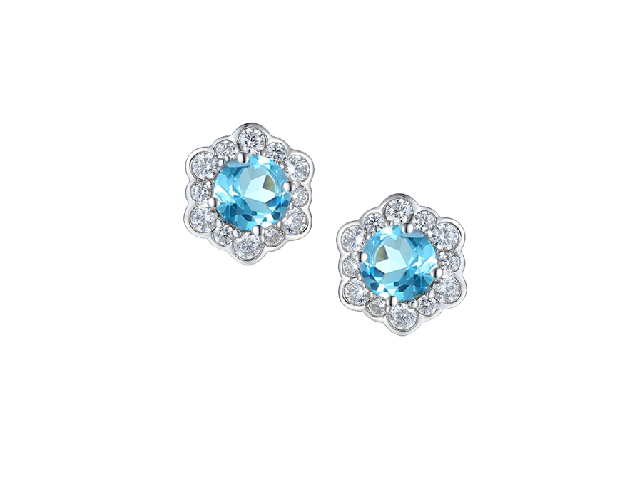 Sterling Silver Round Cluster Blue Topaz &amp; Cubic Zirconia Earrings