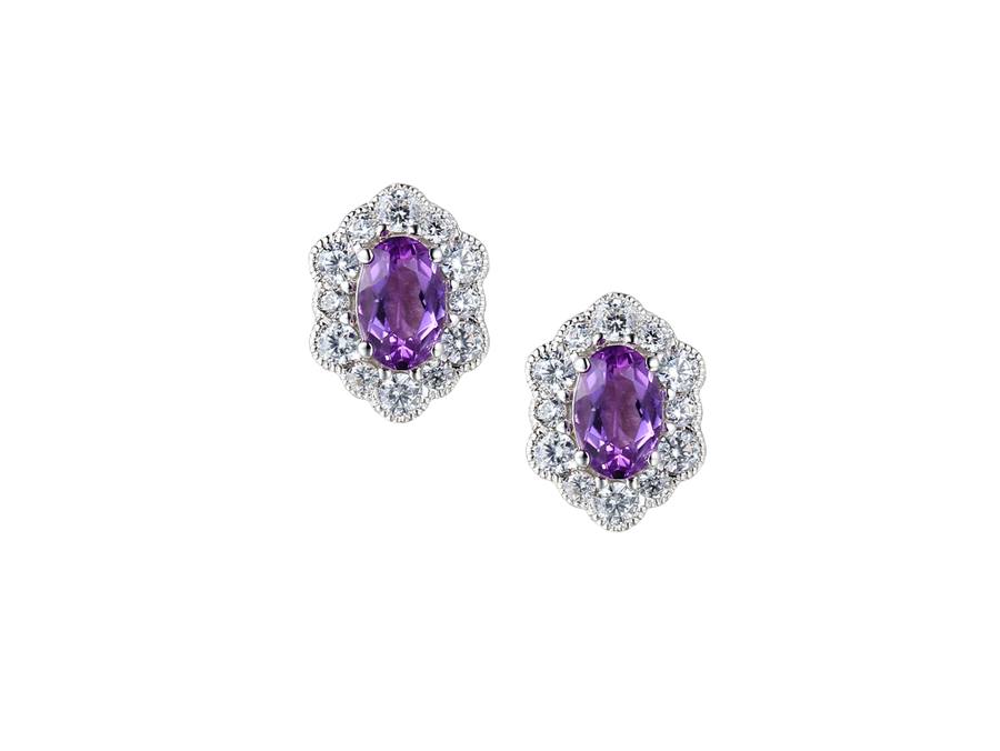 Sterling Silver Oval Cluster Amethyst &amp; Cubic Zirconia Stud Earrings