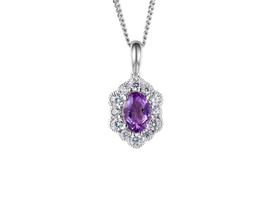 Sterling Silver Oval Cluster Amethyst &amp; Cubic Zirconia Necklace