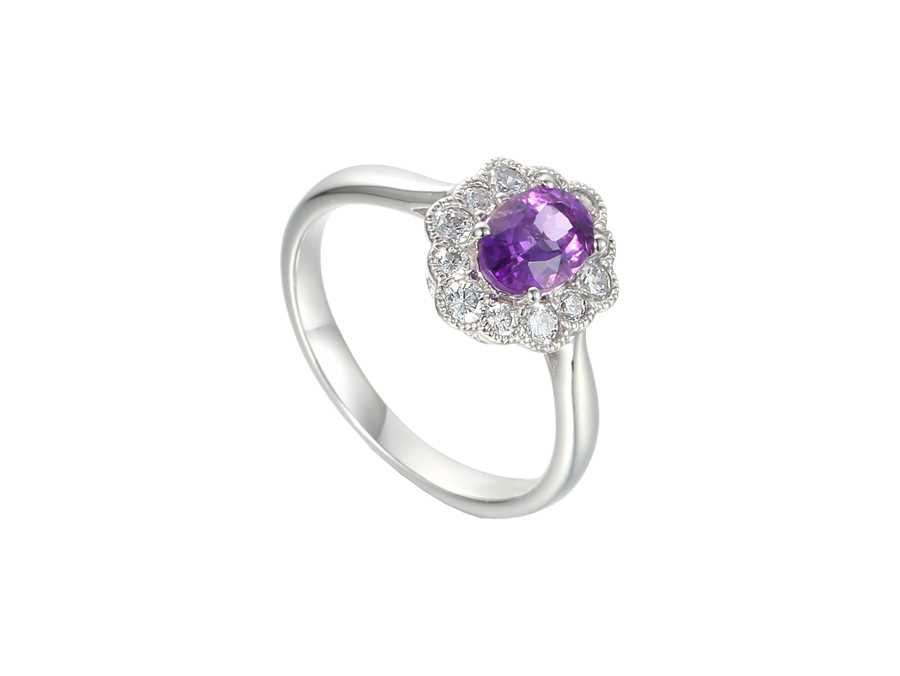 Sterling Silver Oval Cluster Amethyst &amp; Cubic Zirconia Ring