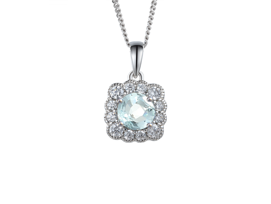 Sterling Silver Square Shape Cluster Round Aquamarine &amp; Cubic Zirconia Necklace