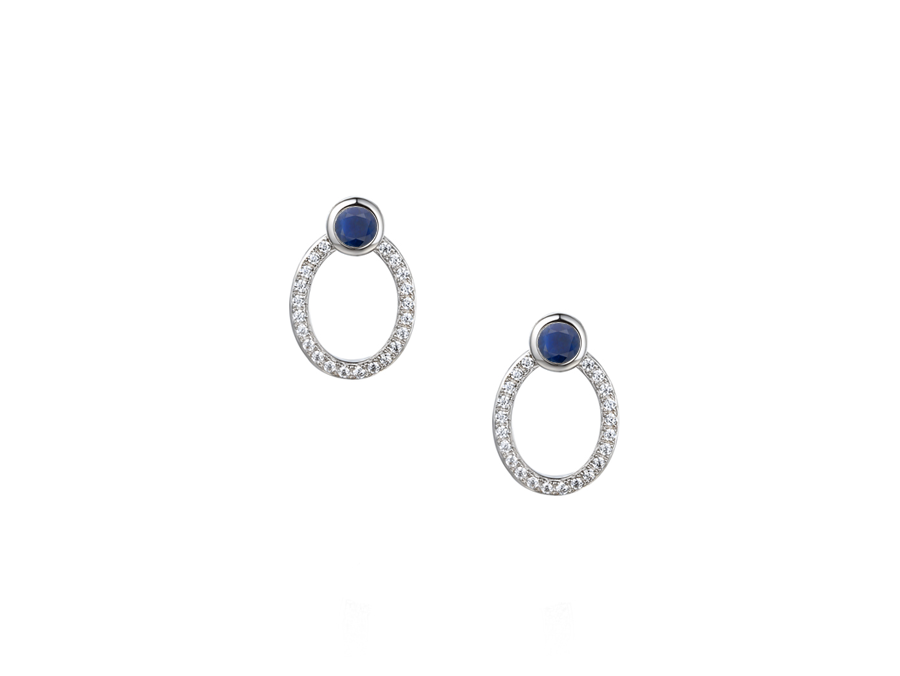 Sterling Silver Sapphire &amp; Cubic Zirconia Open Oval Earrings