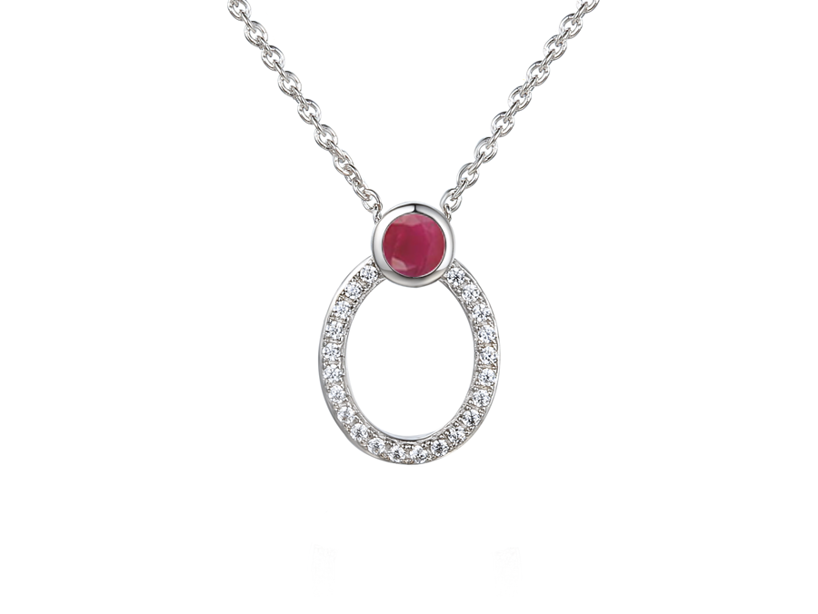Sterling Silver Ruby &amp; Cubic Zirconia Open Oval Necklace