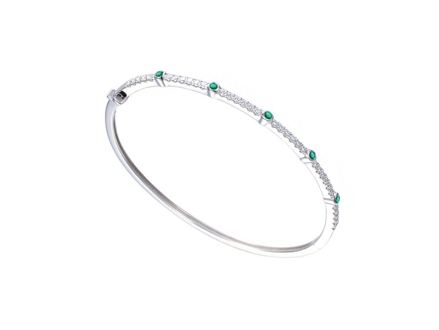 Sterling Silver Claw Set Emerald &amp; Cubic Zirconia Bangle