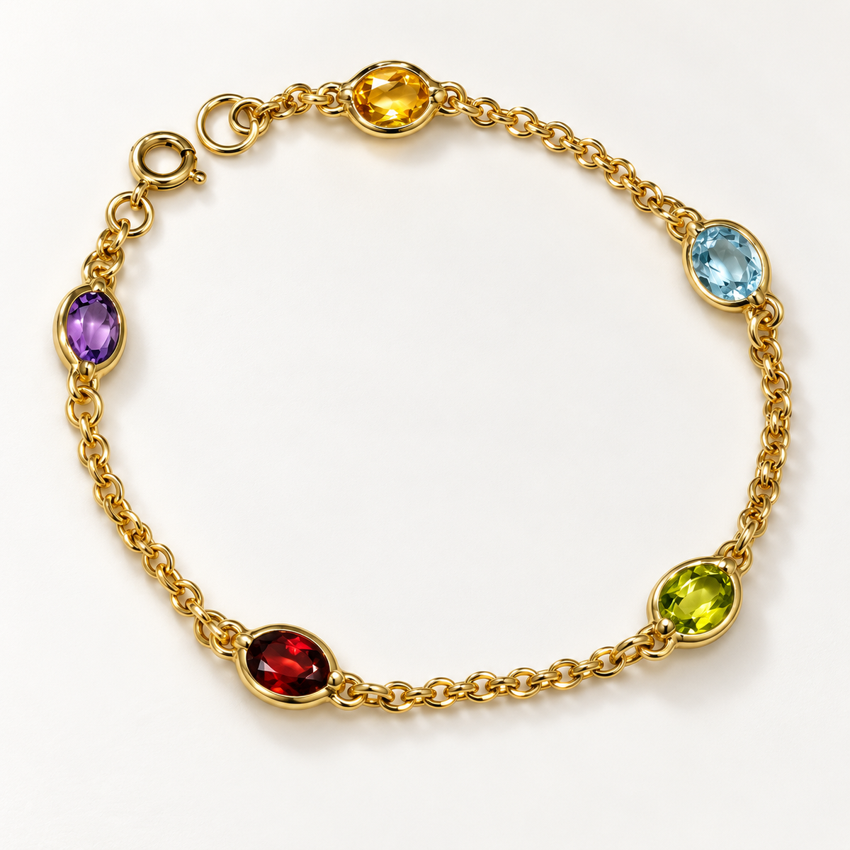 Pre-Owned 9ct Yellow Gold Amethyst, Garnet, Peridot, Aquamarine &amp; Garnet Bracelet