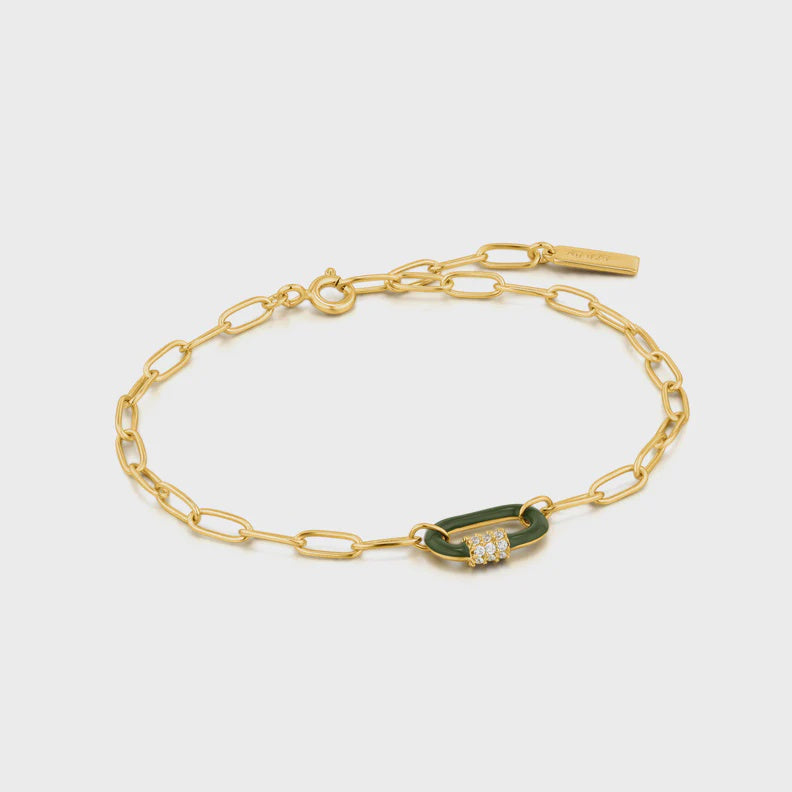 Forest Green Enamel Carabiner Silver Gold Plated Bracelet