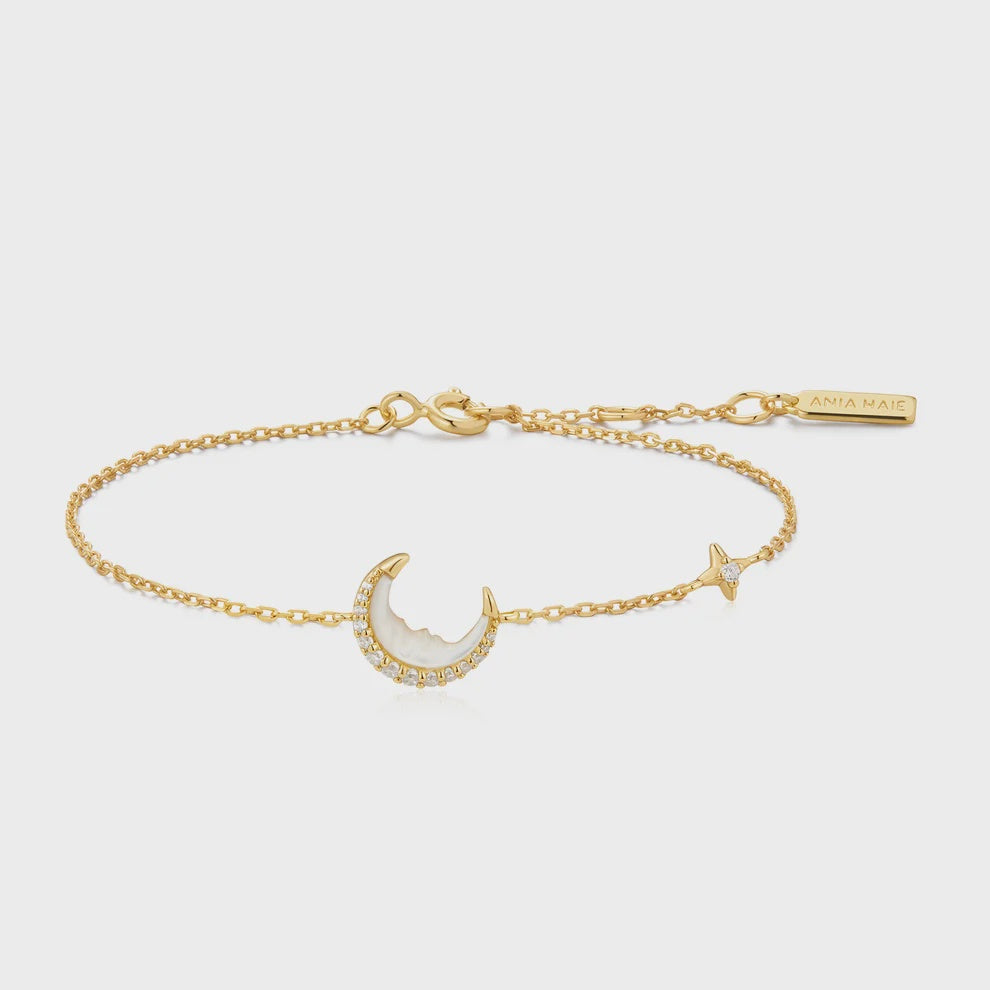 Gold Plated Mother - of - Pearl Crescent Moon Bracelet