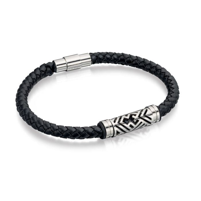 Stainless Steel &amp; Black Leather Plaited Bracelet