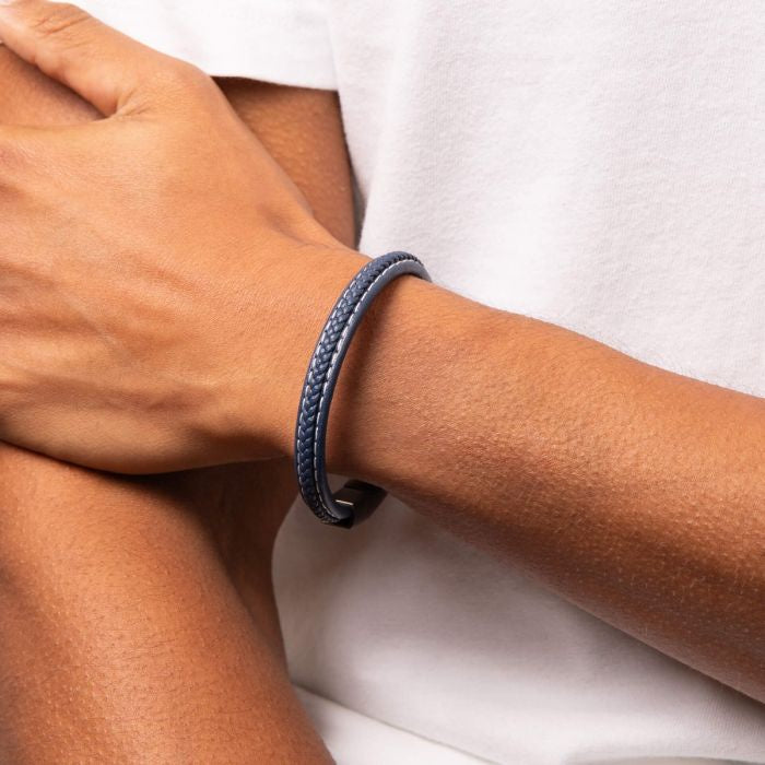 S/Steel Blue Leather Plaited Bracelet with Brushed Clasp