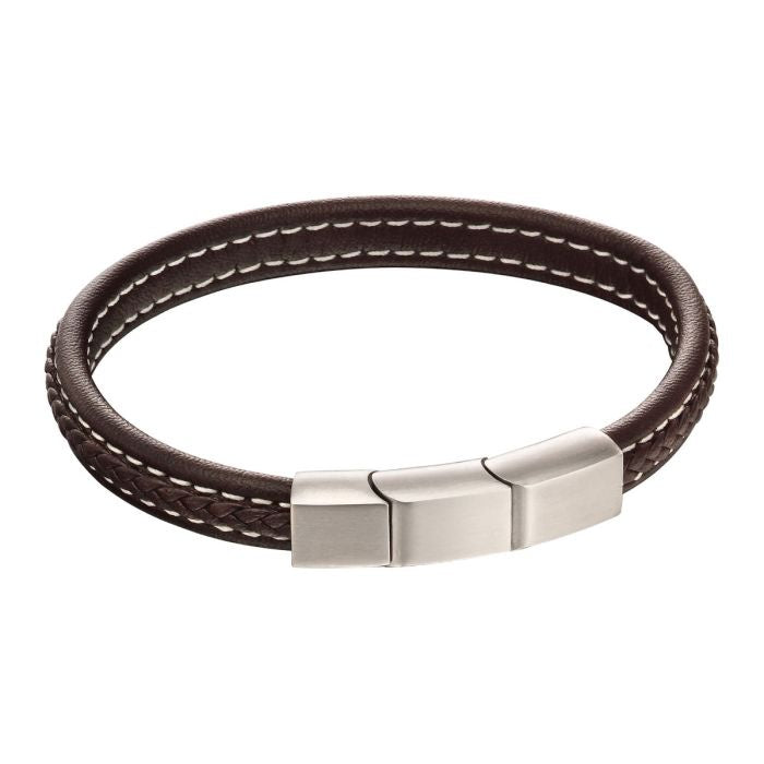 S/Steel Brown Leather Plaited Bracelet with Brushed Clasp