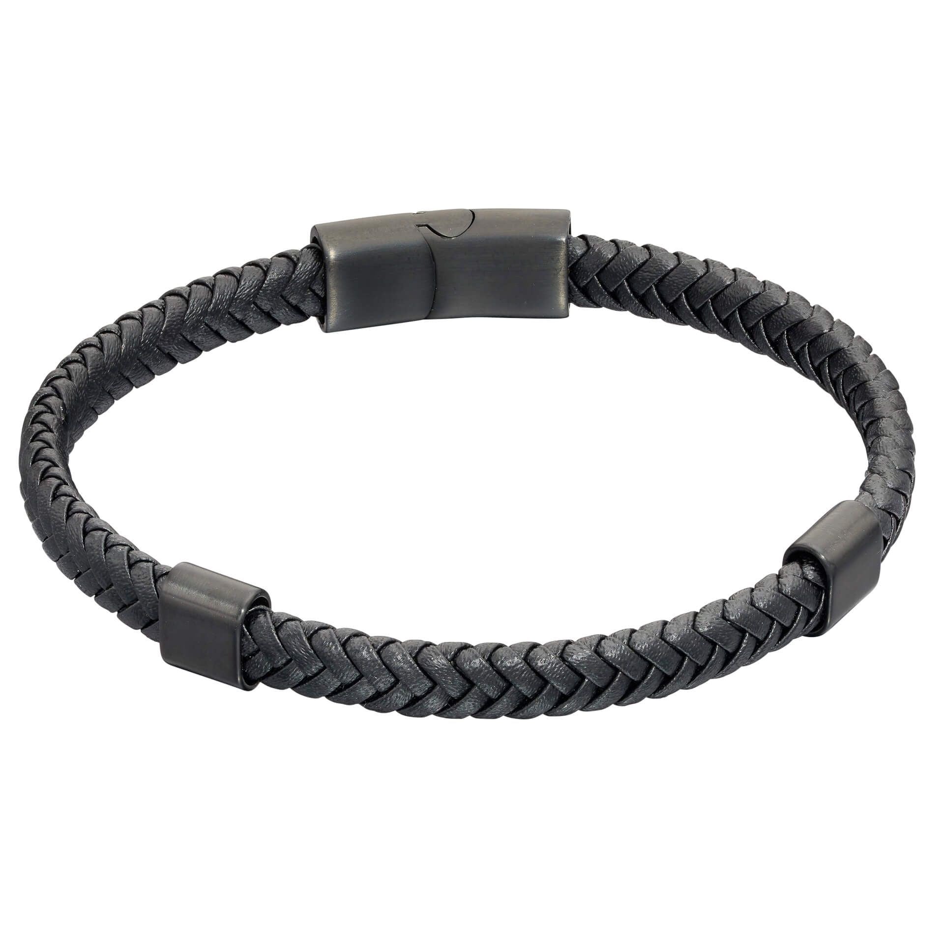 Plaited Black Leather Men's Bracelet