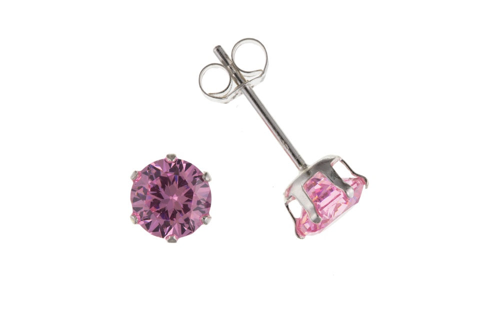 Silver Pink Cubic Zirconia 3mm Stud Earrings
