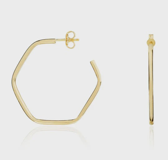 9ct Yellow Gold Hexagon Peg &amp; Scroll Hoop Earrings 25x1.5mm