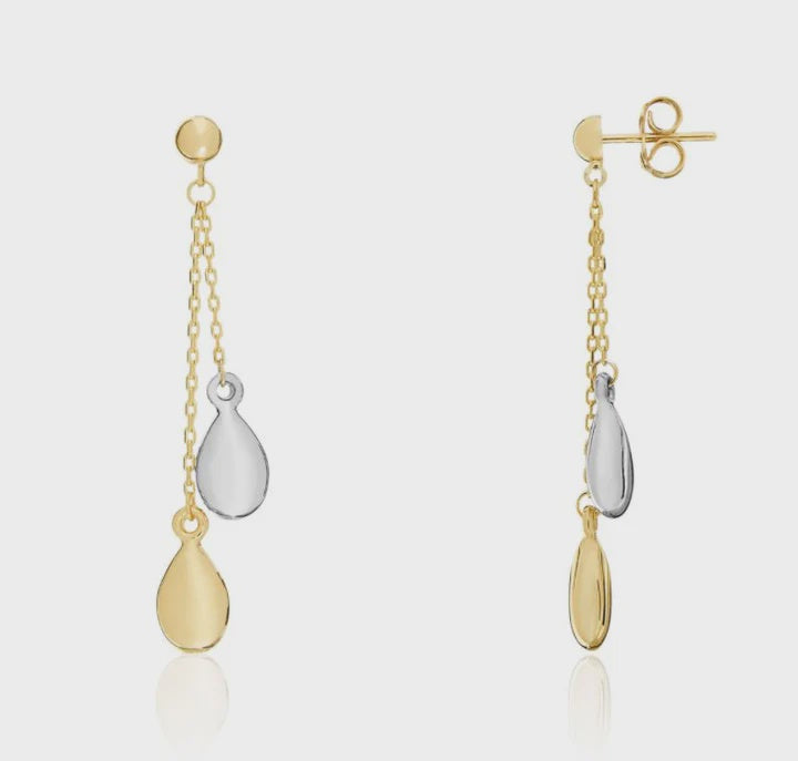 9ct Two Tone White &amp; Yellow Gold Pear &amp; Chain Drop Earrings