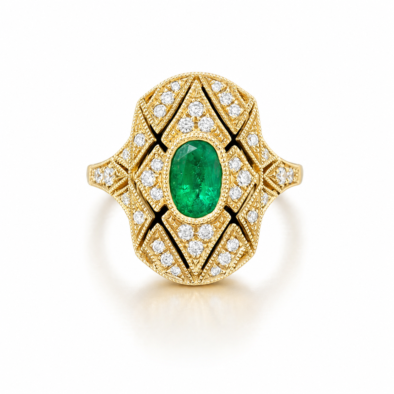 18ct Yellow Gold 46pt Emerald &amp; 20pt Diamond Art-Deco Style Ring