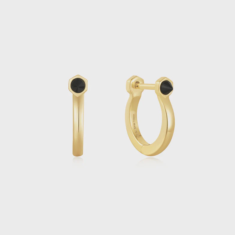 Silver Gold Plated Black Agate Huggie Hoop Earrings