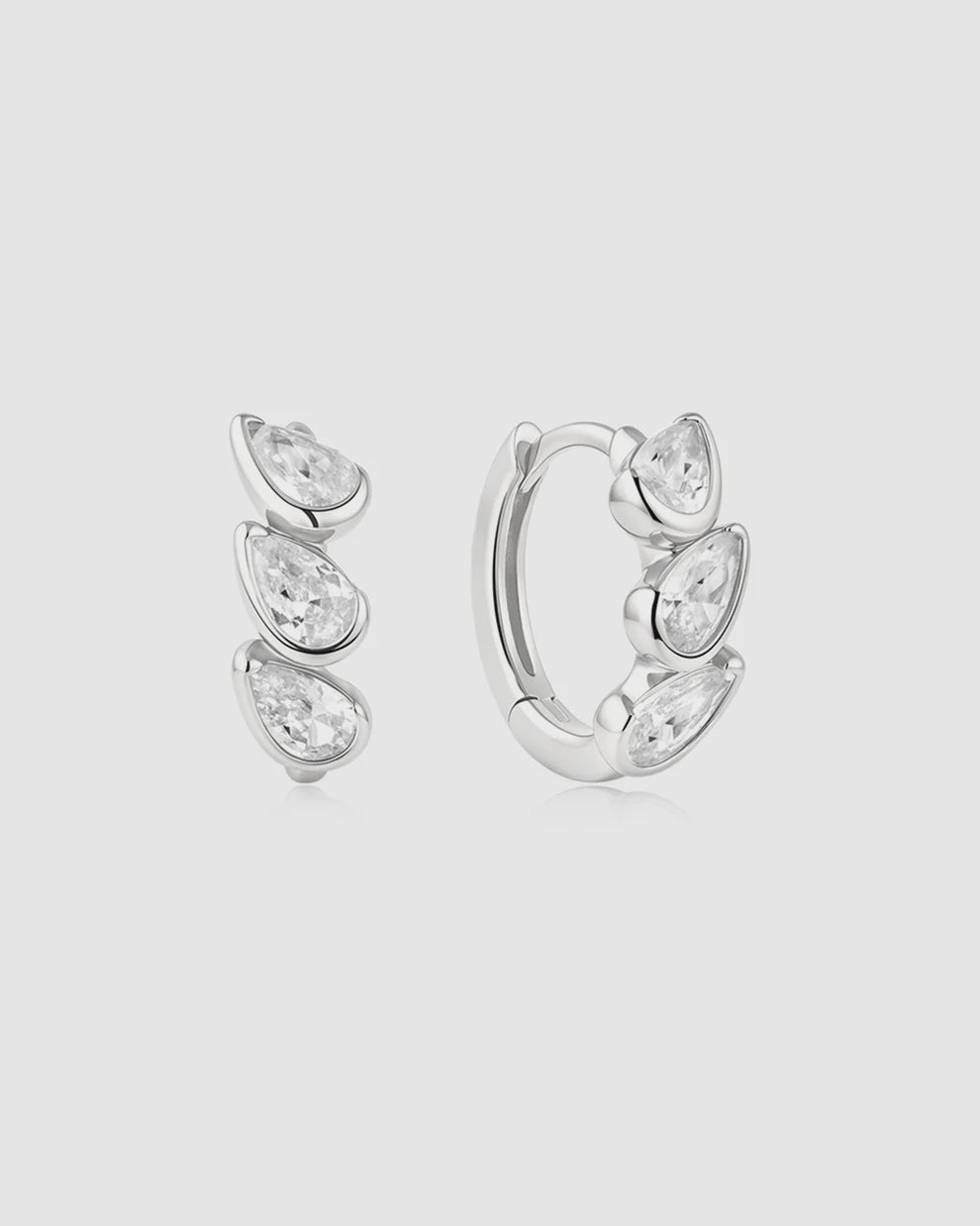 Silver Triple Half-Bezel Teardrop Huggie Hoop Earrings