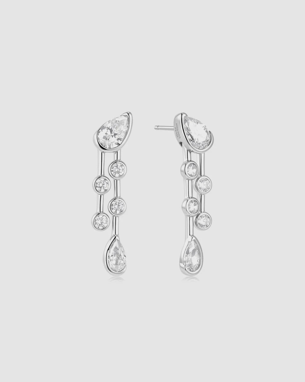 Silver Half-Bezel Teardrop Dual Drop Stud Earrings