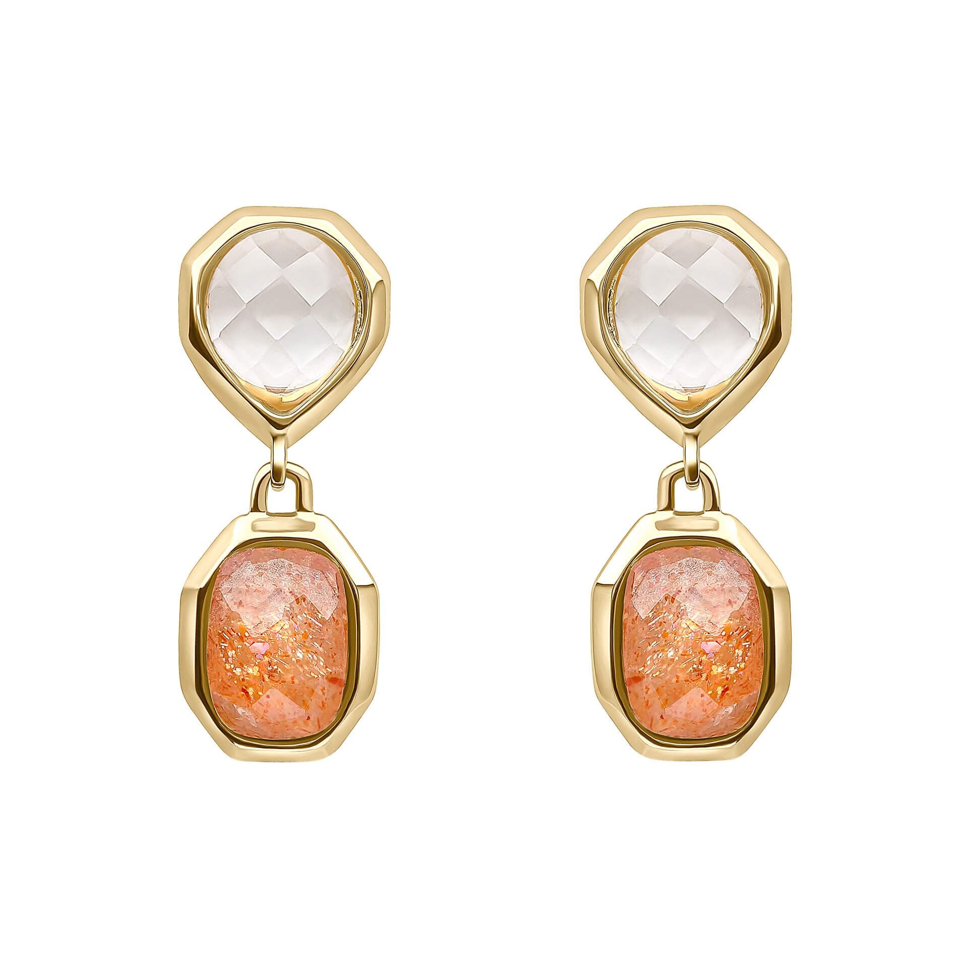 Silver Sunstone &amp; Quartz Drop Earrings with Yellow Gold-Plating