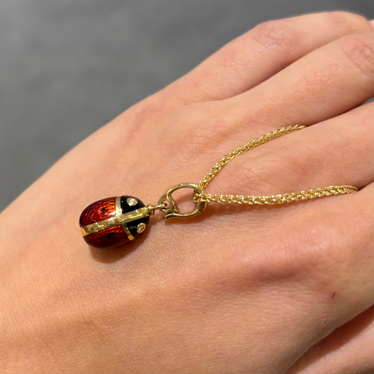 Pre-Owned 18ct Yellow Gold Faberge Heritage Ladybird Enamel Egg Pendant &amp; Chain
