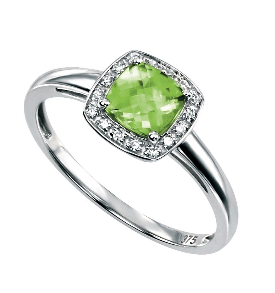 9ct White Gold Peridot Diamond Cluster Ring