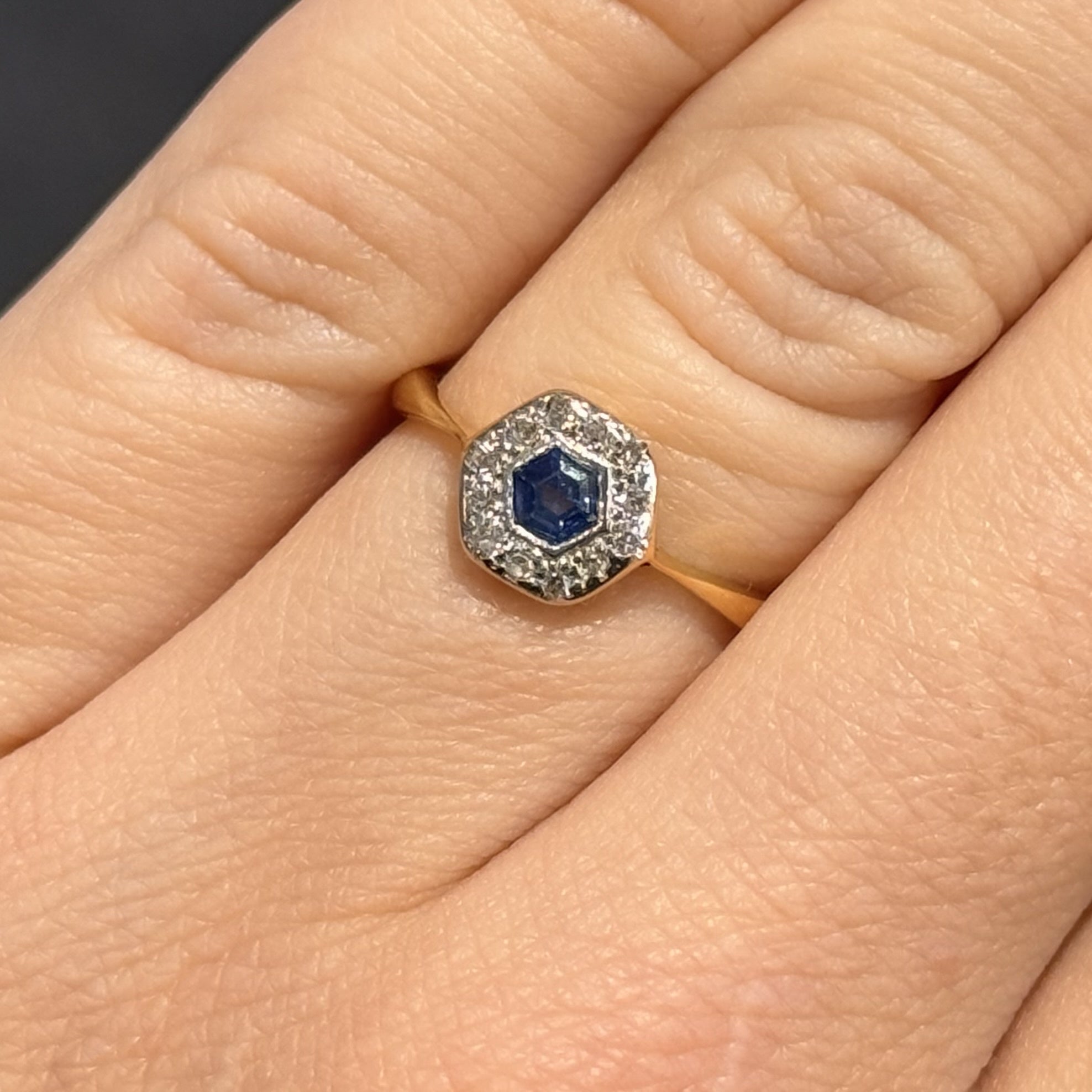Pre-Owned Vintage 18ct Yellow Gold 0.15ct Hexagon Sapphire &amp; 0.10ct Diamond Ring