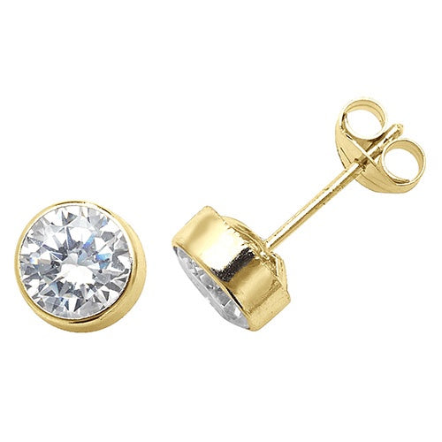 9ct Yellow Gold Round Rubover CZ Stud Earrings
