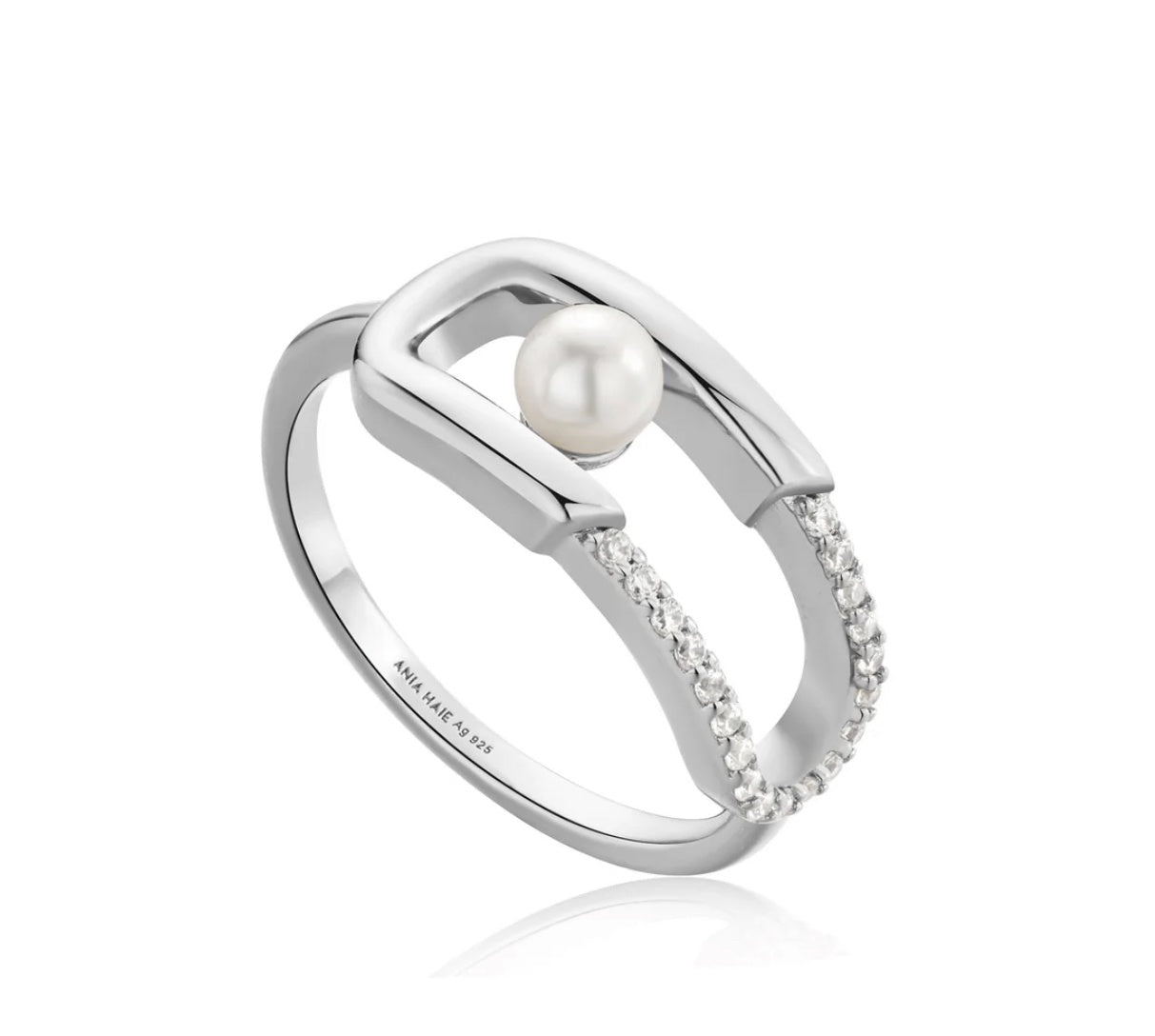 Silver Pearl &amp; CZ Interlocking Ring