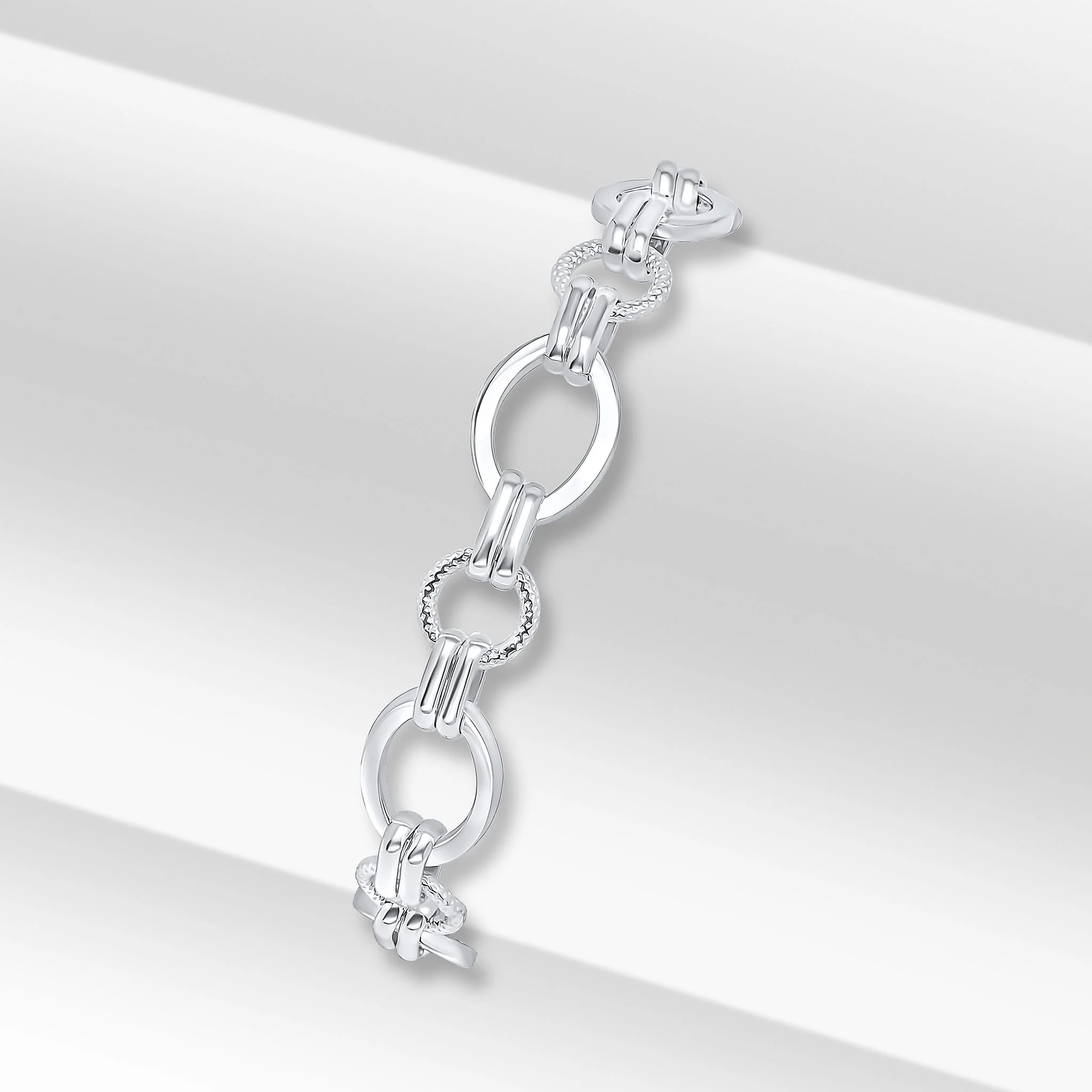 Sterling Silver Handmade Double Oval &amp; Round Textured Link Bracelet