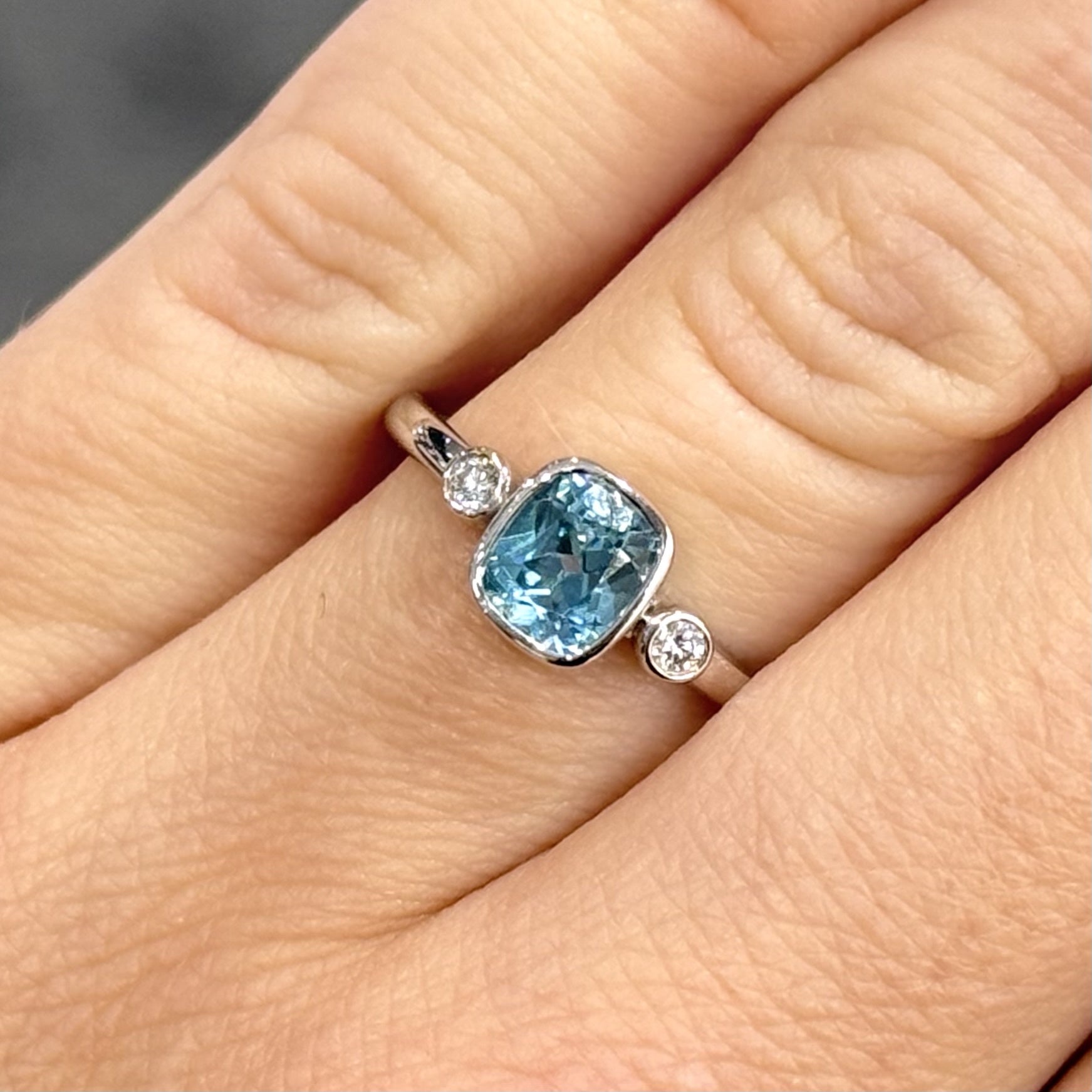 9ct White Gold 1.04ct Cushion Cut Blue Zircon &amp; Diamond Trilogy Ring