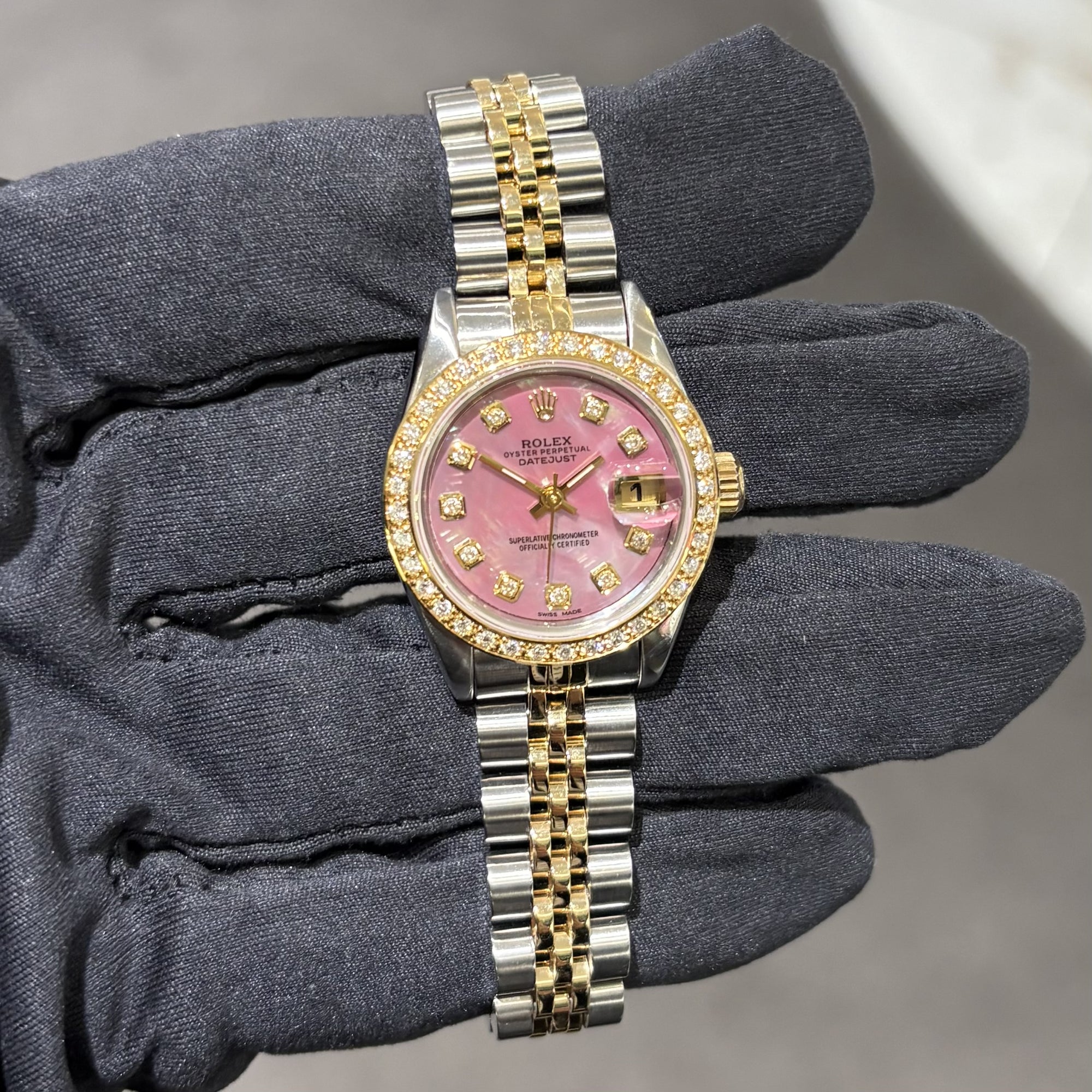 Pre-Owned Rolex Custom Pink Mother Of Pearl Dial Steel &amp; Gold Ladies Datejust 69173