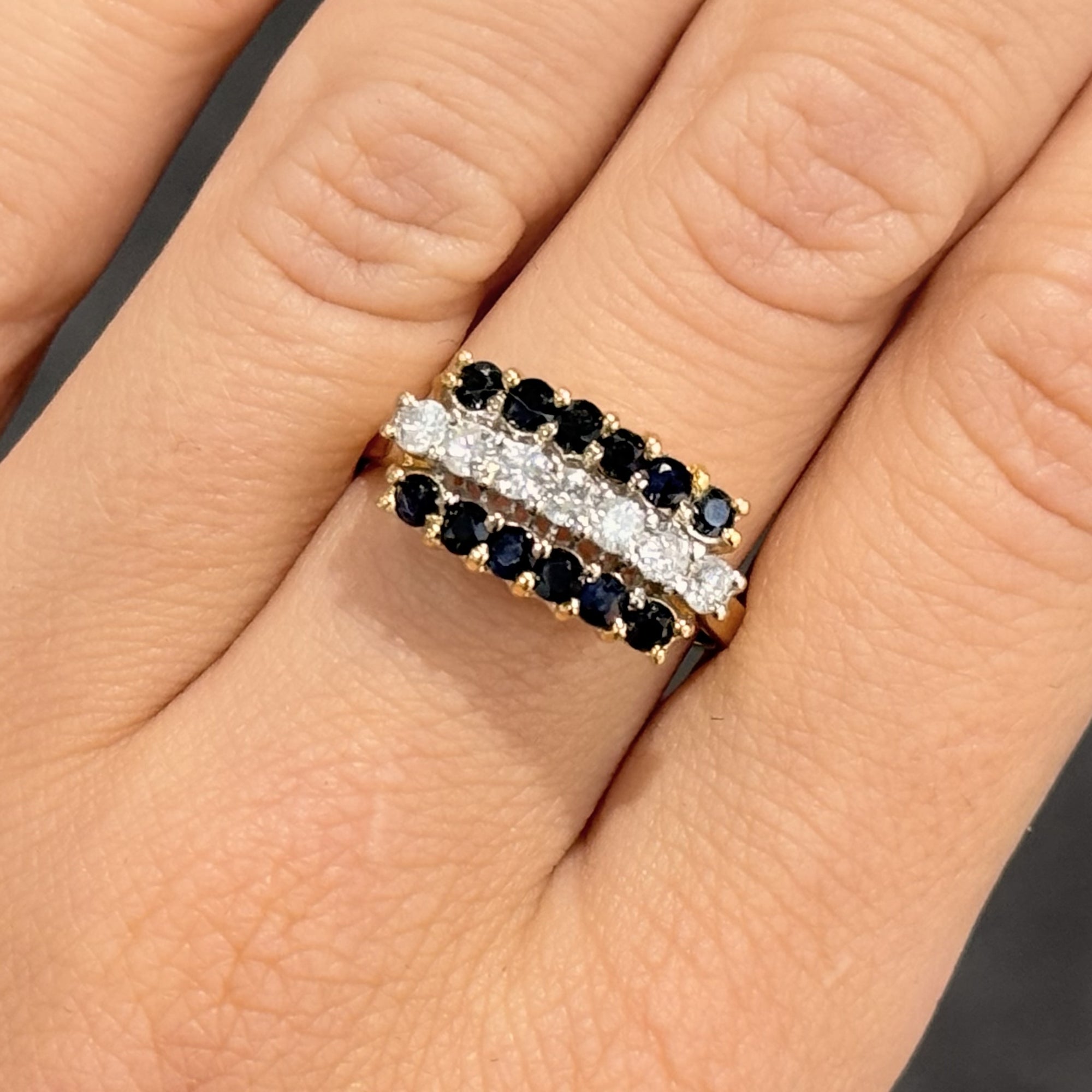 Pre-Owned 18ct Yellow Gold 0.42ct Diamond &amp; 0.60ct Sapphire Triple Row Ring