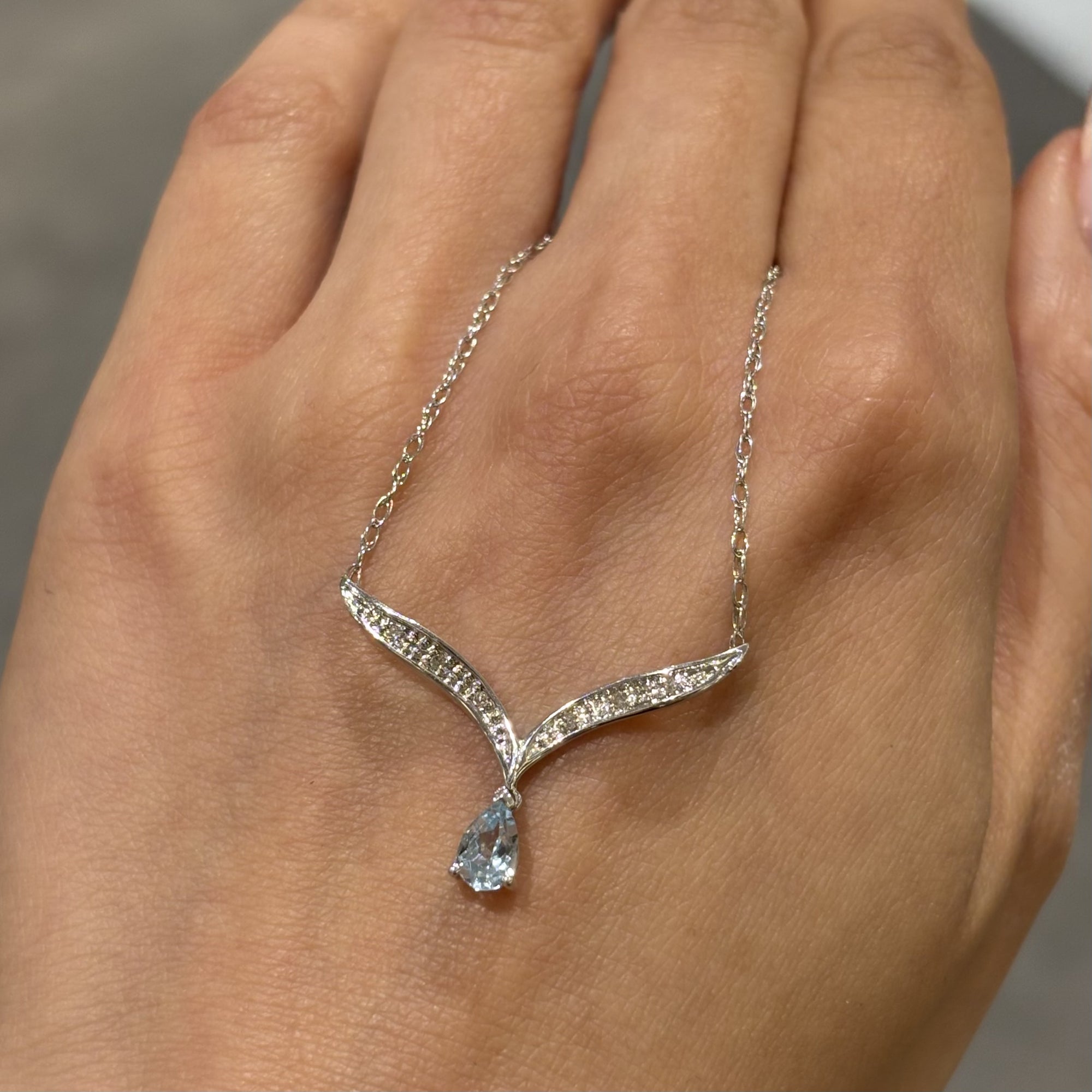 Pre-Owned 9ct White Gold 0.30ct Pear Cut Aquamarine &amp; Diamond Wishbone Necklace