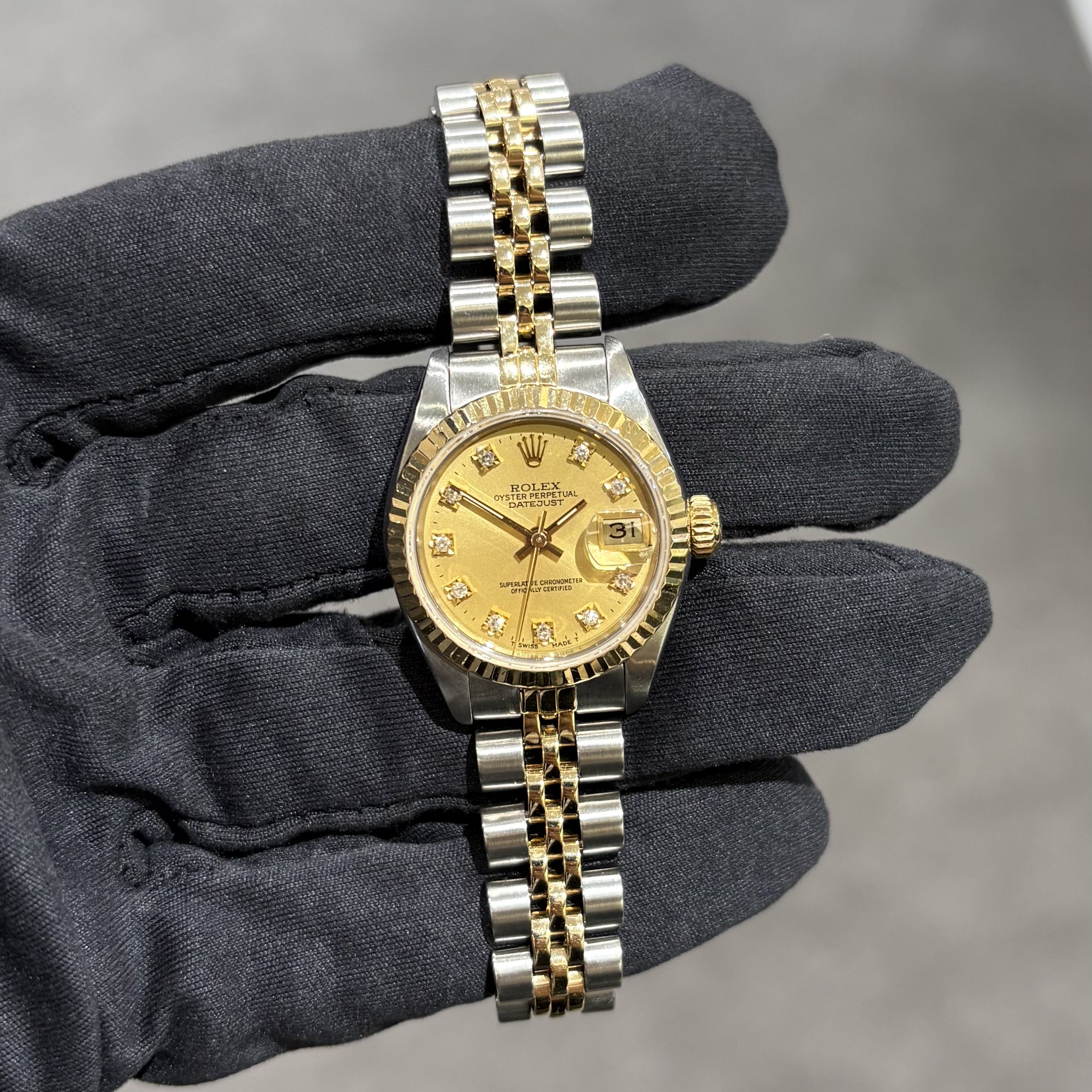 Pre-Owned Rolex Champagne Diamond Dot Dial Steel &amp; Gold Ladies Datejust 69173