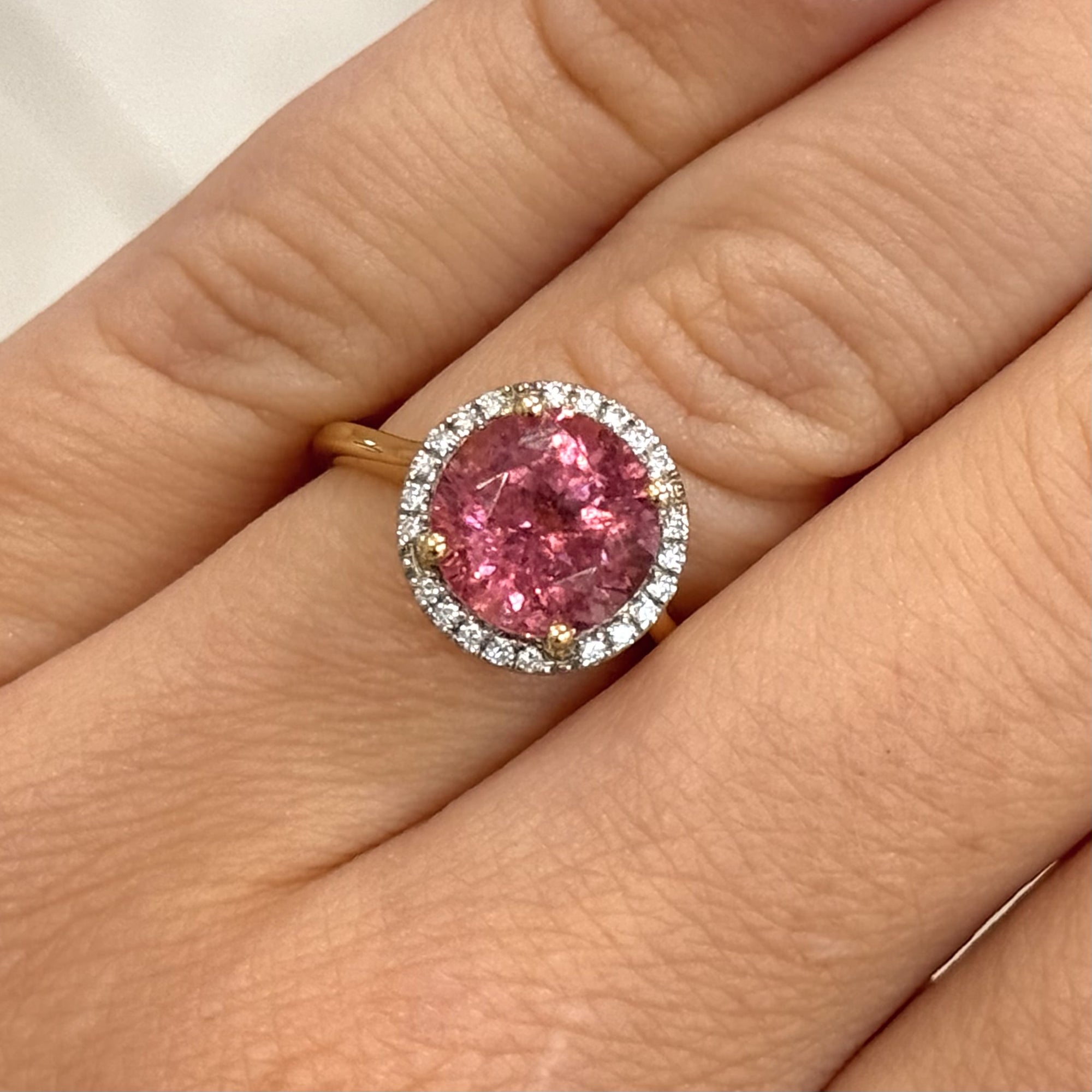 18ct Yellow &amp; White Gold Pink Tourmaline &amp; Diamond Halo Ring