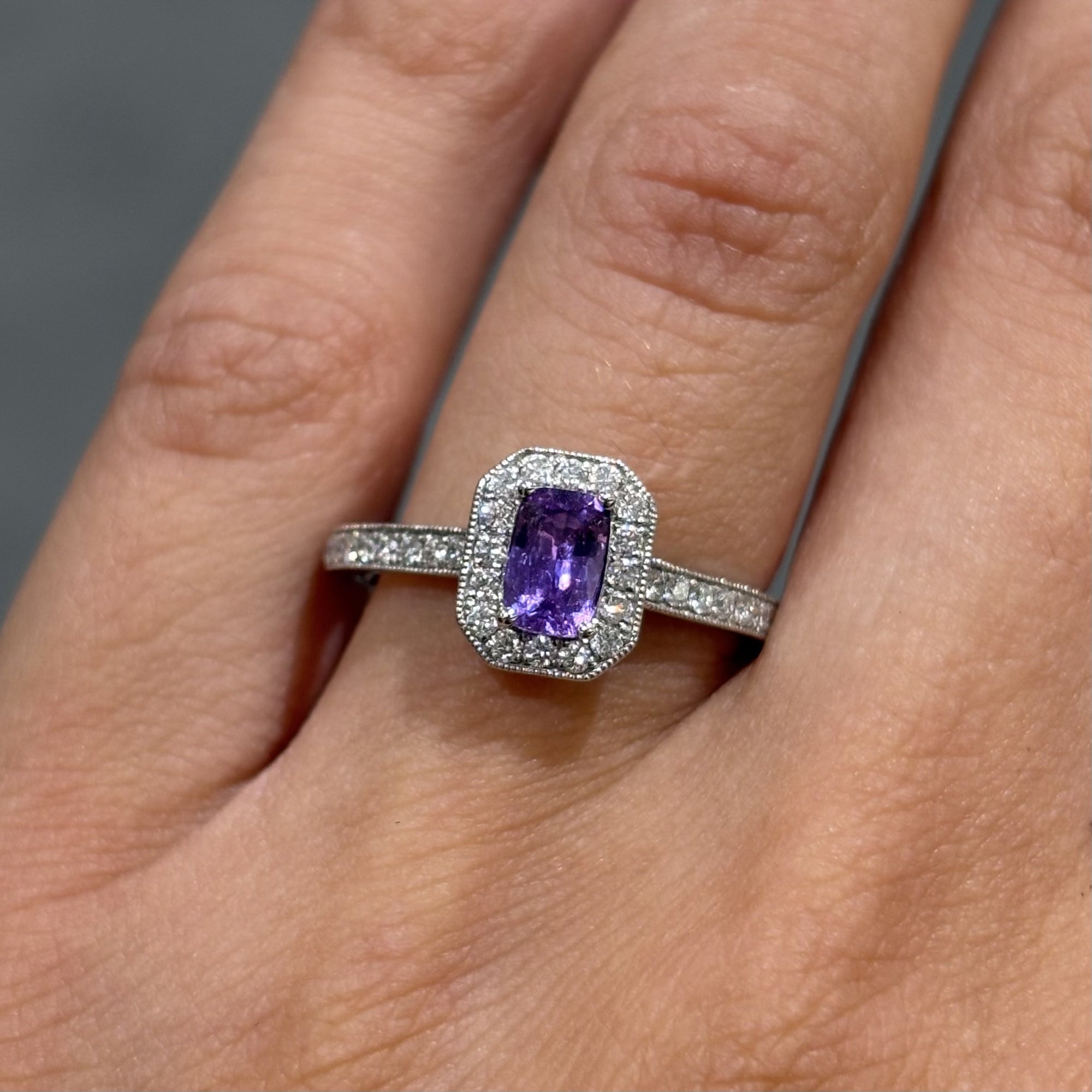 18ct White Gold Cushion Cut 0.53ct Mauve Sapphire &amp; 0.29ct Diamond Ring
