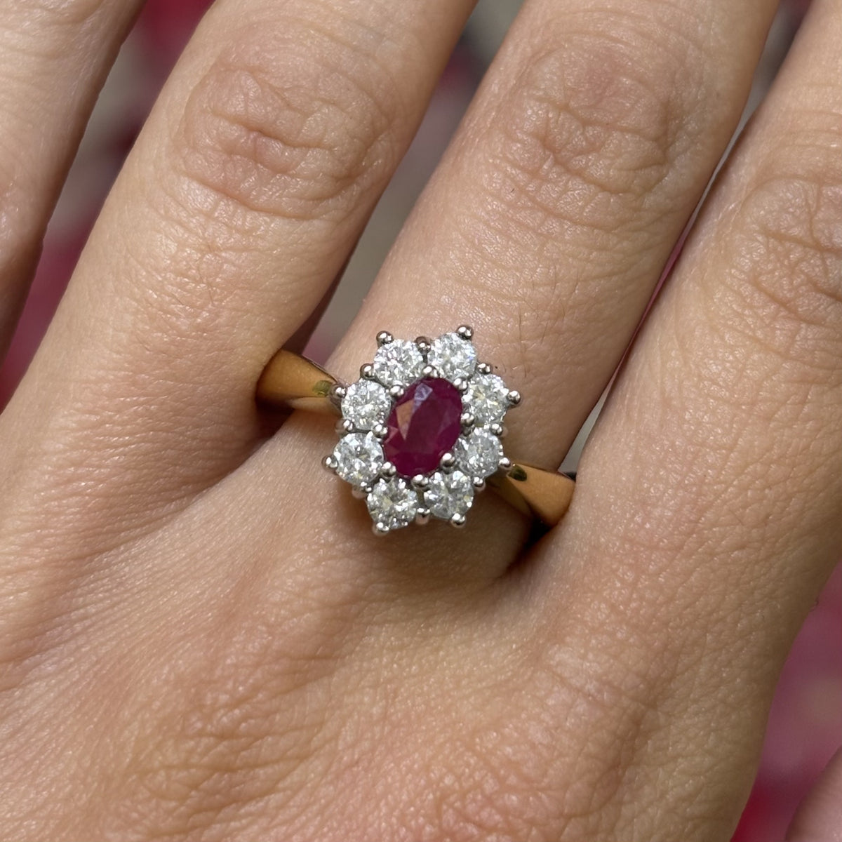 18ct Yellow Gold Ruby &amp; 0.75ct Diamond Cluster Ring