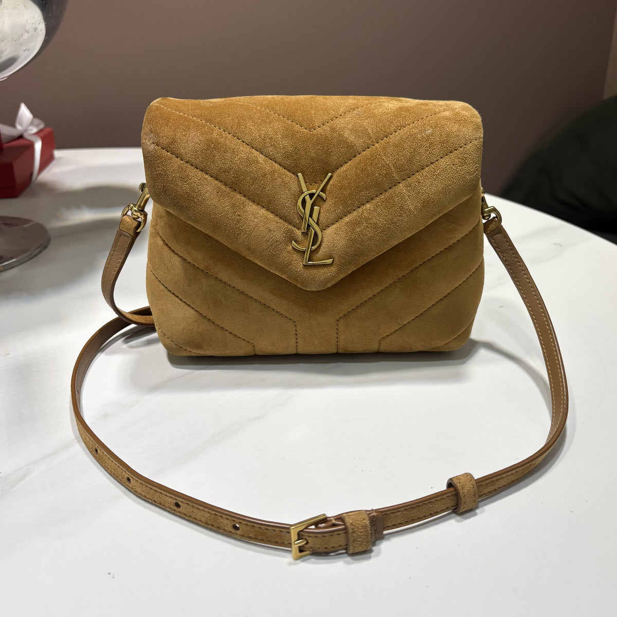 Pre-Owned YSL Paris Toy LouLou in Cinnamon Suede Calfskin with Aged Gold Hardware