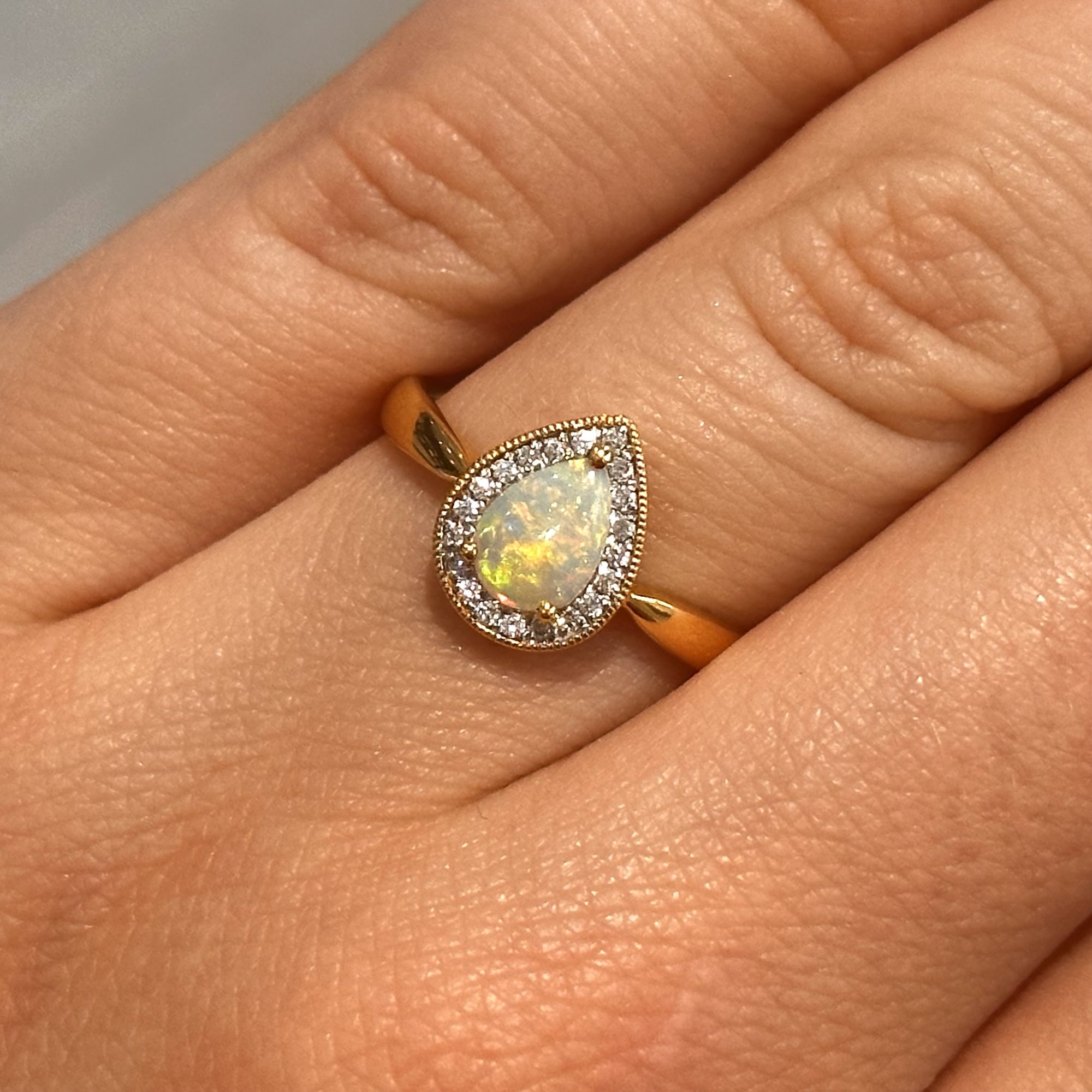 18ct Yellow Gold Pear Opal &amp; Diamond Cluster Ring